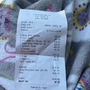 High gratuity for three adults, two kids.