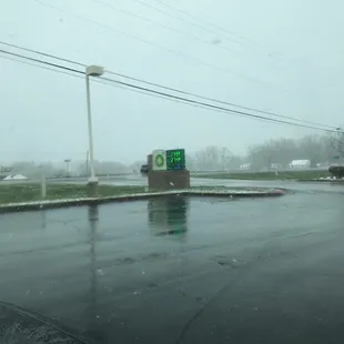 a gas station in the rain