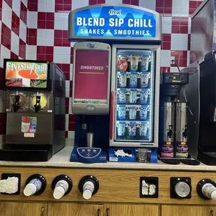 a blender, coffee maker, and soda machine