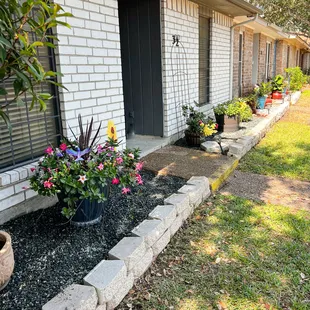 a row of planters on the side of a house