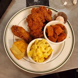 Fried chicken, candied yams, Mac &amp; cheese, biscuit