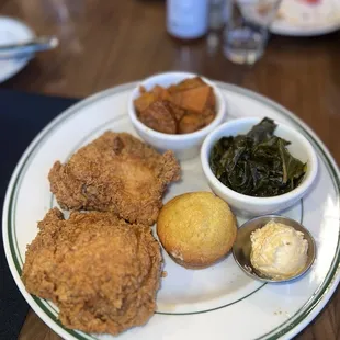 Chicken, yams and collard greens with sweet cornbread and honey butter
