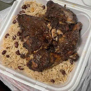 Jerk Chicken double rice fire Jerk Chicken &amp; Cabbage Eggroll