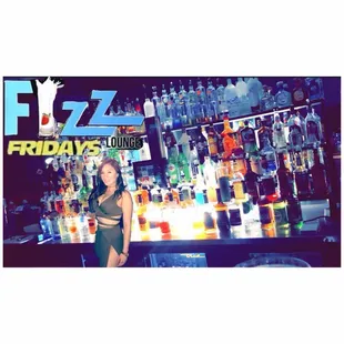 a woman standing in front of a bar