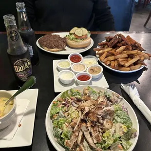 House Burger no cheese  House Salad half order with chicken  half and half fries and Sweet Potato Fries Fitz Black Cherry