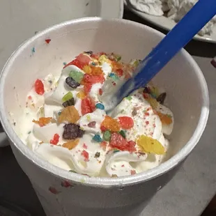 Fruity Pebbles shake to go. Drank half of it before we got to the car. It was wonderful! Nostalgic even.