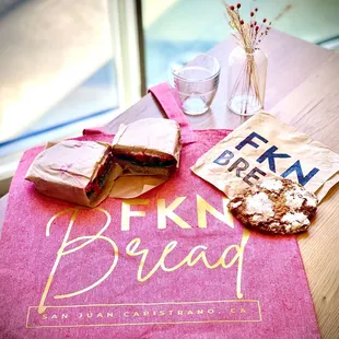 Beet/goat cheese sandwich &amp; iced sourdough oatmeal coconut cookie. FKN Bread bag (a special including a sourdough loaf of bread)