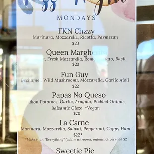 Pizza menu as of November 2022. Pizzas are served on Mondays.