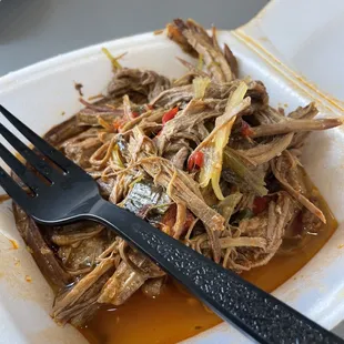 a plate of pulled pork with sauce and a fork
