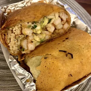 Crusty Cheese Burrito with shrimp and avocado.