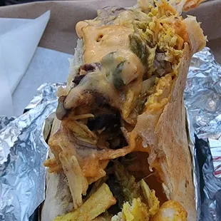Chicken burrito with whatever the hottest sauce is