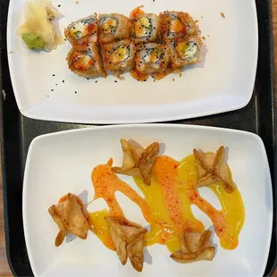 two plates of food on a tray