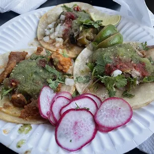 Pastor, veggie, carnitas tacos