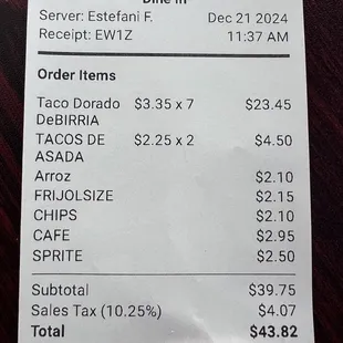 receipt with prices