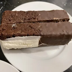 Nightingale orange brownie ice cream sandwich--yummy! (Being cut in half to share)