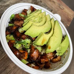 Update 7/8/24 portions are well balanced and the flavor is delicious. Chicken bowl, with half white rice and veggies and add avocado