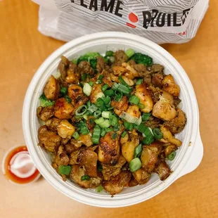 Half &amp; Half (regular) w/ no rice / $8.55 + extra chicken / $3.60