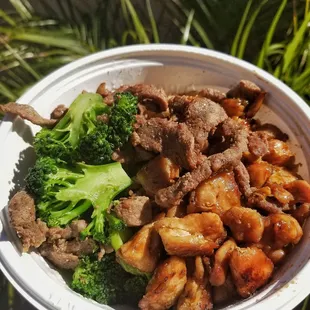 a plate of food with meat and broccoli