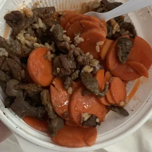Beef brown rice and carrot bowl. Barely any rice