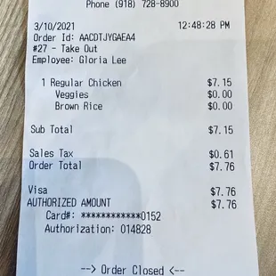 Receipt  total cost with tax $7.76