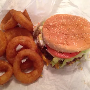 Double cheese burger and onion rings.