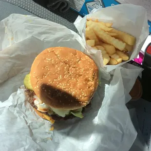 Double cheese burger and fries