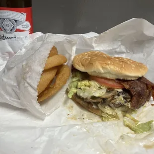 Mushroom Swiss w/Bacon Burger &amp;Onion Rings