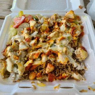 Gyro platter (chicken, rice, and salad with white sauce)