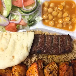 #7 on the menu. Beef Kofta Kabab &amp; Chicken Tikka Kabab with side salad, chick peas and a slice of pita bread!