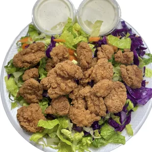 Popcorn, chicken salad