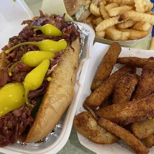 Pastrami sandwich pair with fried zucchini, grilled chicken sandwich paired with classic fries.