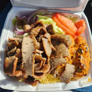 Combo with gyro, lemon &amp; herb chicken tenders, over rice. AMAZING!!