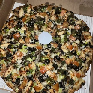 Garlic chicken pizza, beautiful but lacked flavor.