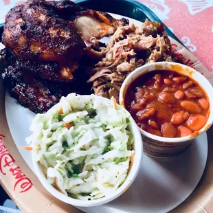 Ribs, chicken, and pulled pork sampler