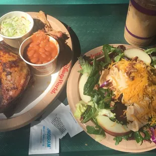 Chicken, ribs &amp; pulled pork plate (L) and the mixed green salad with roasted chicken (R)