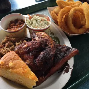 Rob, chicken and pulled pork Combo with a side of onion rings