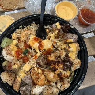Ny Steak trio with shrimp and chicken
