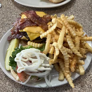 a plate of fries and a burger