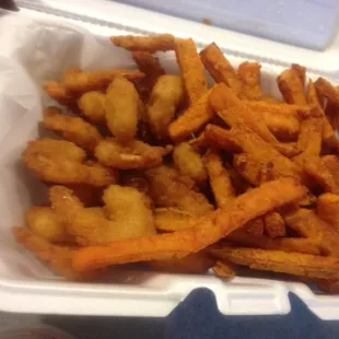 Shrimp and sweet potato fries. Is it bad that this is the best shrimp and fries I've ever had... And it was from a hospital? :)