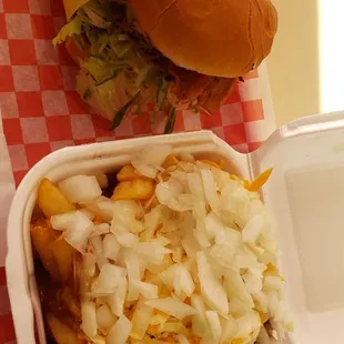 Chili cheese and bacon cheeseburger cant go wrong with this combo.