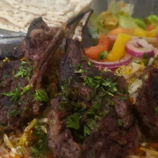 Lamb Chops, Yellow Rice and Greek Salad