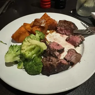Filet with maple sweet potatoes and truffle buttered broccoli