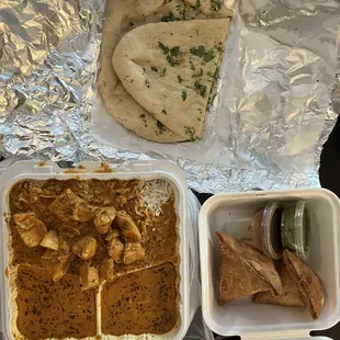 Garlic Naan, Chicken Tikka Masala, Veggie Samosa