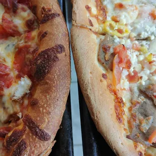 Left - famous pizza with hand-tossed thick crust. Right - gyro meat pizza with hand-tossed regular crust.