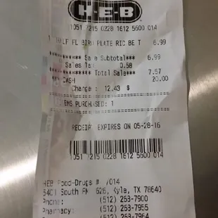 the receipt for the restaurant