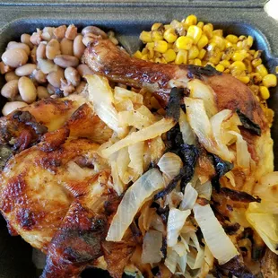 chicken, beans, and corn in a container