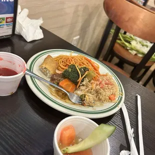 Lomein, fried rice and inedible beef broccoli