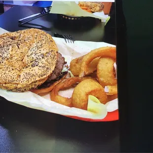 Hamburger and onion rings