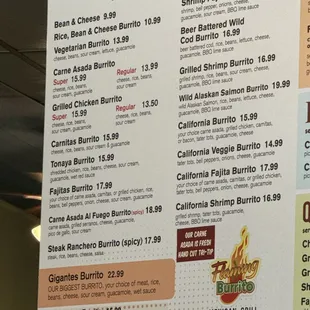 Burrito Menu as of 6/12/24