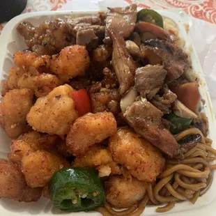 Bottom left: crispy spicy chicken. Top left: black pepper chicken. Top right: spicy bourbon chicken.
